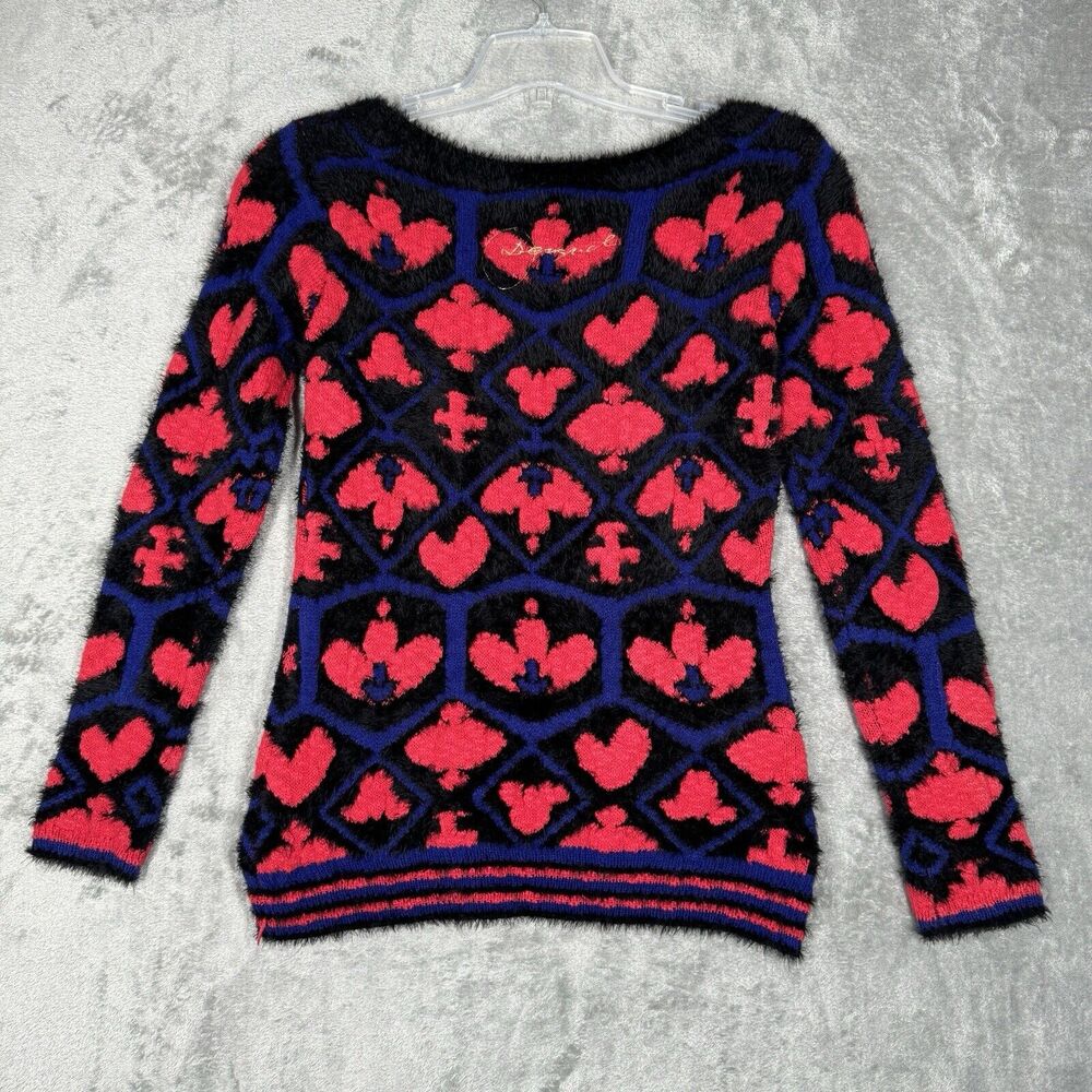 Desigual Sweater Women Small Pink Black Fuzzy Fleur de Lis Casual Colorful Artsy - Picture 3 of 9